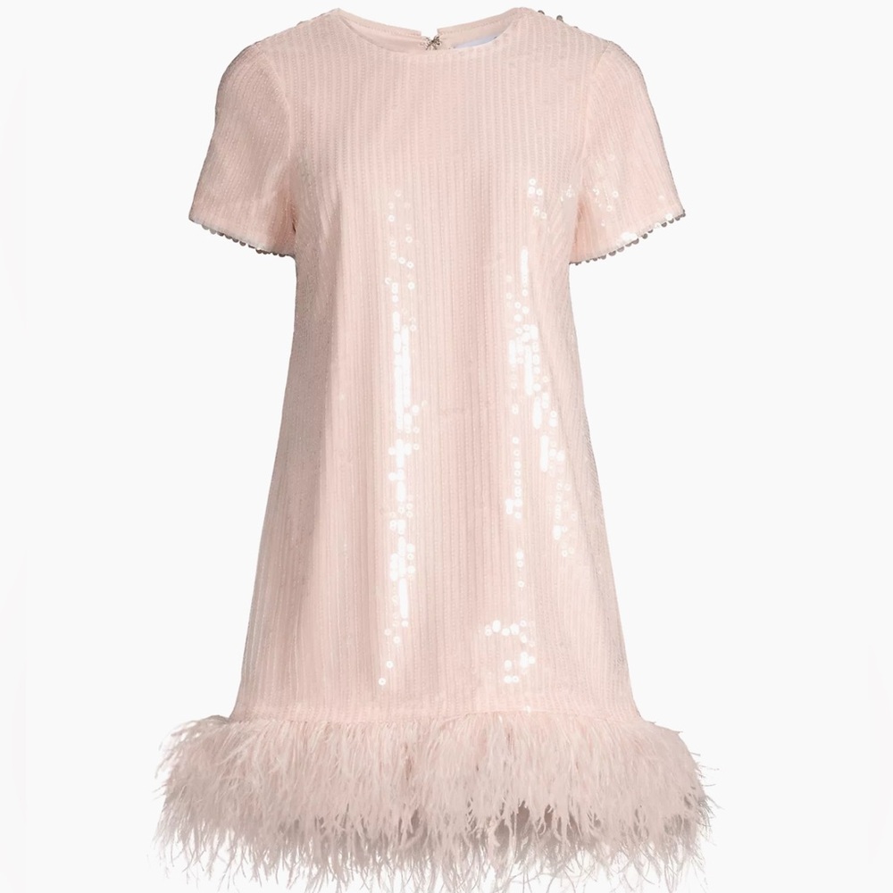 Likely Blush Pink Sequin Shift Dress with Feather Hem